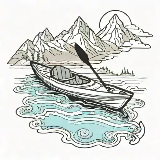 A Tattoo Design Of A Kayak Floating On A Serene Lake With Mountains In The Background