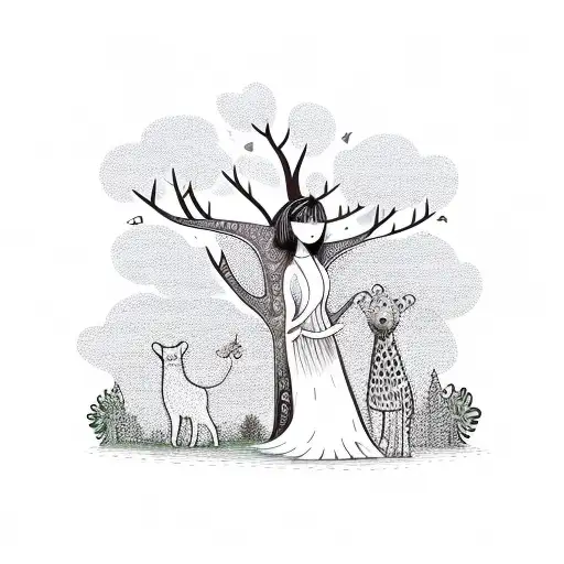 Tree Hugging Girl With Animals