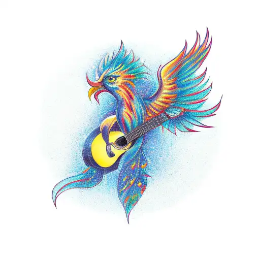 A Tattoo Of A Phoenix Playing A Guitar In A Serene Outdoor Setting
