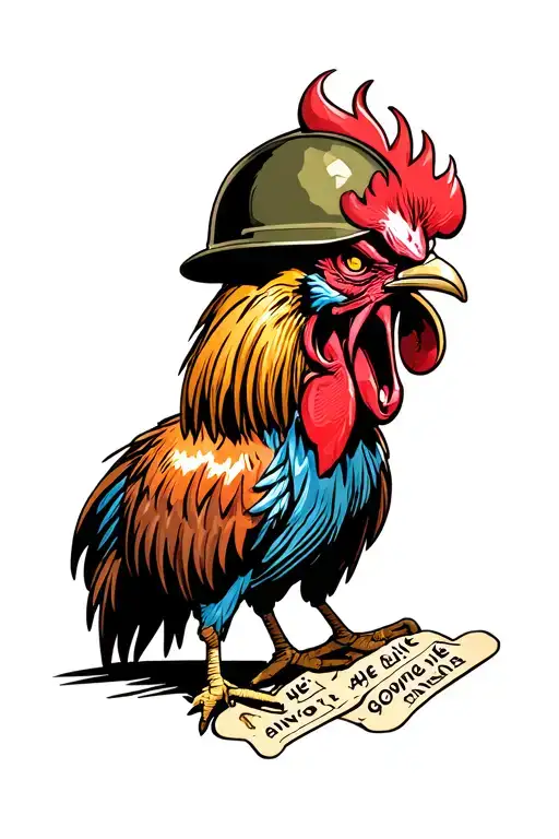 Angry Rooster Military Helmet With Dog Tags Reading He Ain't Gonna Die
