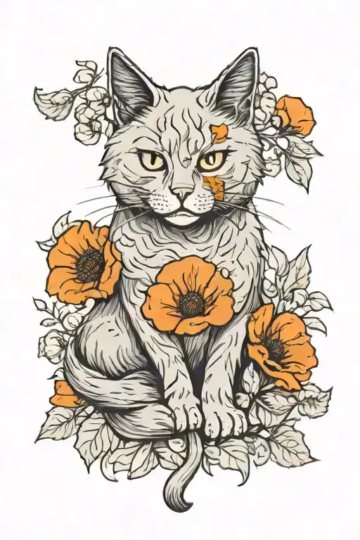 Fluffy Gray Cat Surrounded By Poppies