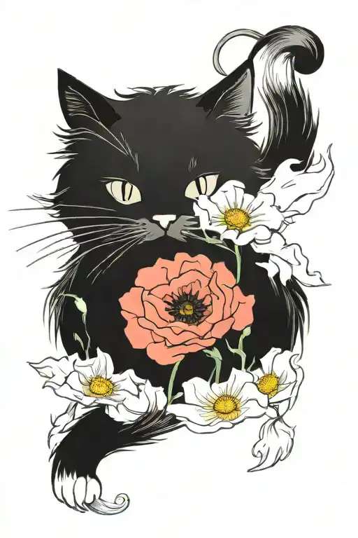Fluffy Dark Gray Cat Surrounded By Poppies