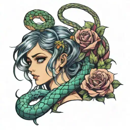 Anime Girl With Snake And Roses Colored