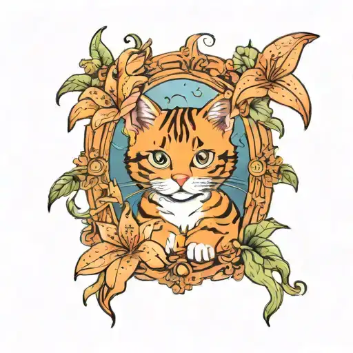 Cute Cartoon Orange Cat Inside Of A Picture Frame Surrounded With Tiger Lillies