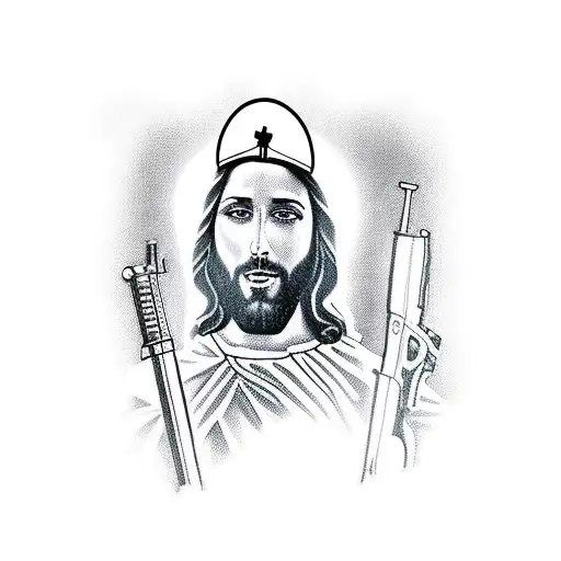 A New-school Style Tattoo Of Jesus With A Revolver In His Mouth Blowing His Head Off