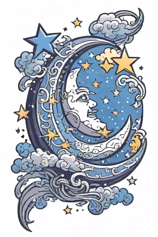 Crescent Moon With Clouds And Stars