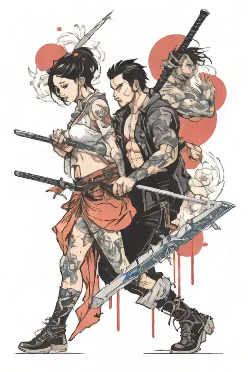 A Guy With A Katana In His Chest And Next To Him A Girl Holding This Sword