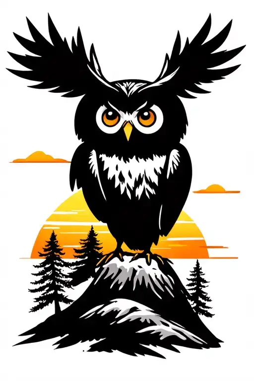 Mountians Sunset With Trees And An Owl