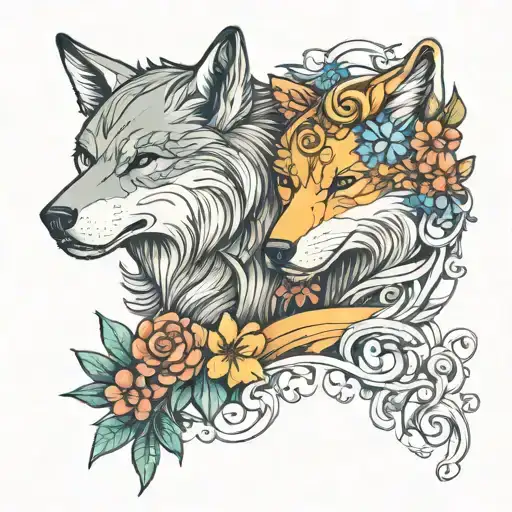 Wolf And She-wolf Together In Flowers Love And Infinity