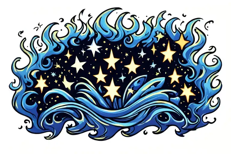 Shooting Stars Across Chest With Whispy Swirls Like Lively Flames