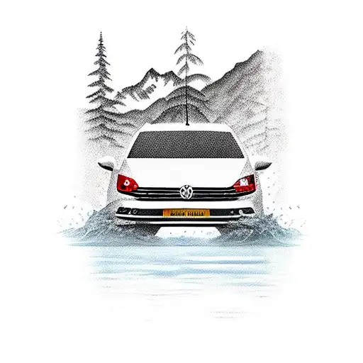 A Red Volkswagen Sharan Driving Through A River With Mountains In The Background