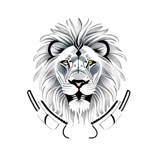 A Detailed And Vibrant Tattoo Of A Lion Playing A Guitar With Musical Notes Surrounding It