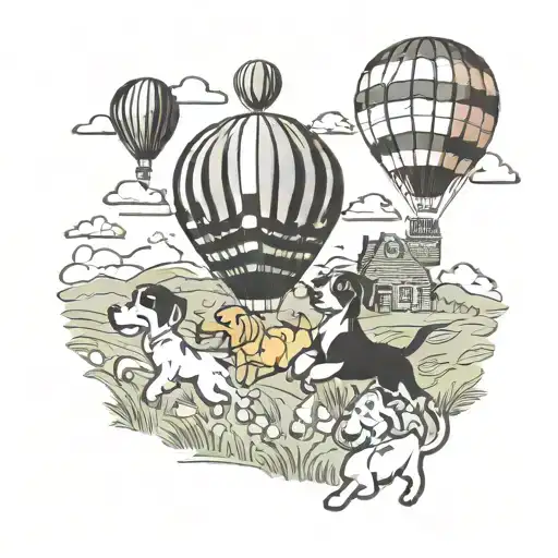 A Playful Scene Of Dogs Frolicking In A Field Of Croissants With A Hot Air Balloon In The Background