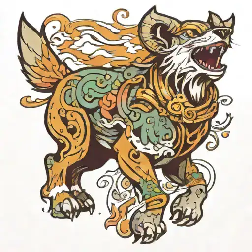 Illustrate A Scene Of A Lone Wolf Incorporating A Goat And 2 Fishes Like Yin And Yan Into The Wolf