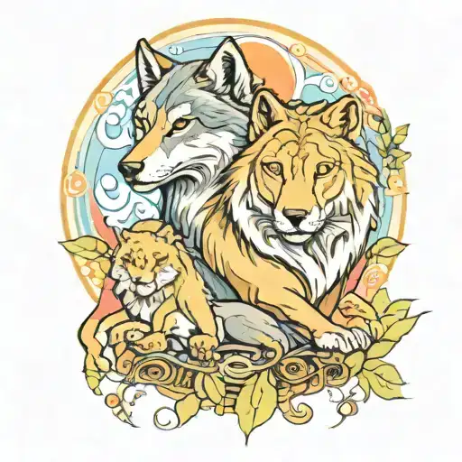 A Watercolor Painting Of A Wolf And Lioness In A Slavic-themed Nature Setting