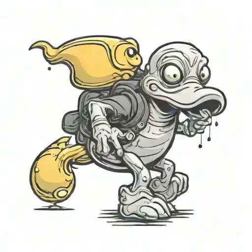 A Alien Climbing Into A Rubber Duck Costume Standing