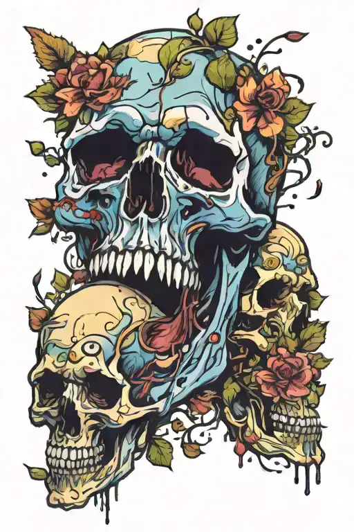 Giant Skull With Color Falling Into Flowers Growing