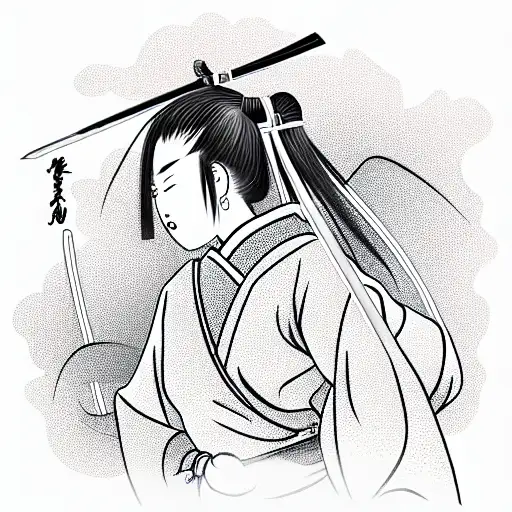 Samurai Girl With Katana In The Japanese Forest