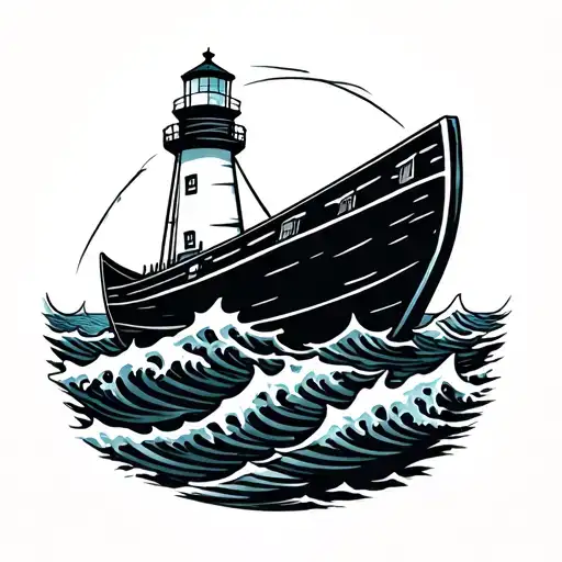 Black White Lighthouse Rowboat Waves
