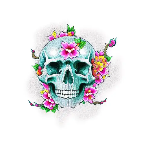 Sleeve With Skulls And Asian Cherry Blossom With Color