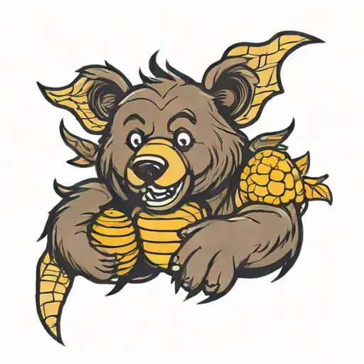 Happy Brown Bear With His Hand In A Beehive