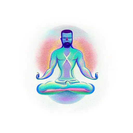 A Minimalist Tattoo Of A Serene Meditating Figure Surrounded By Nature And Chakra Symbols