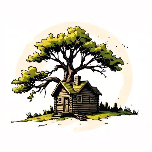 Dry Tree With Cabin In