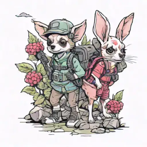 A Chihuahua And A Rabbit In Hiking Gear Exploring A Raspberry Forest