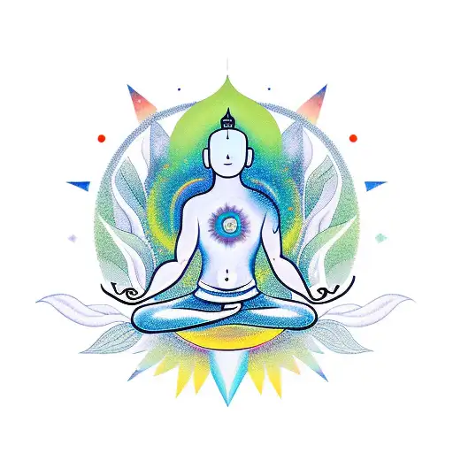 A Minimalist Tattoo Of A Serene Meditating Figure Surrounded By Nature And Chakra Symbols