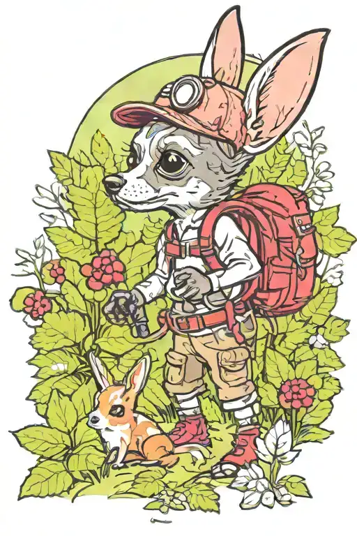 A Chihuahua In Hiking Gear Exploring A Raspberry Forest And A Rabbit Near
