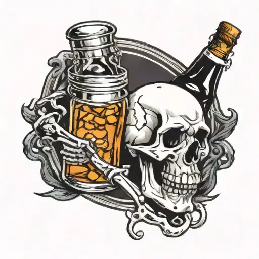 Skull Head Holding Liquor Bottle