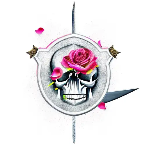 An Arabic Sword Covered With Rose Petals Next To A Skull