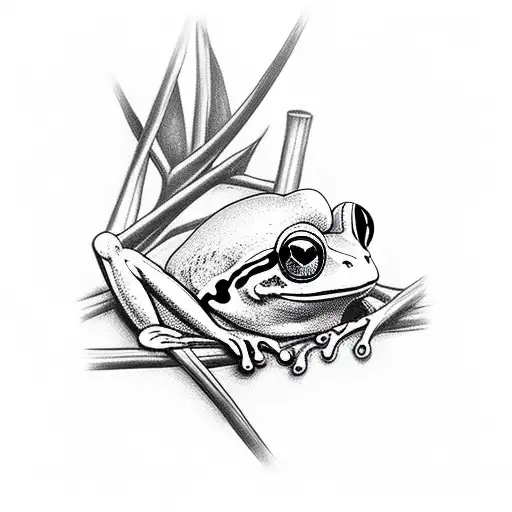 Frog On A Skull Crossed By A Bamboo Branch