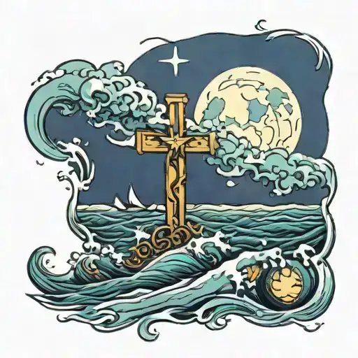 Ocean W Full Moon Rising And A Cross