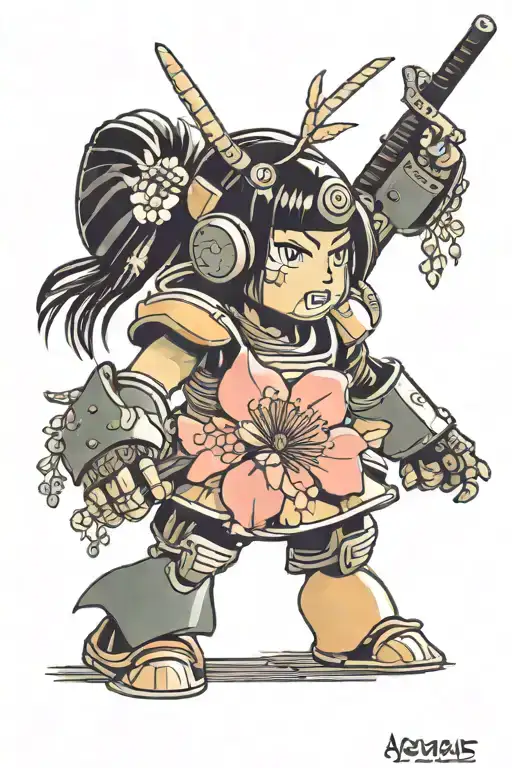 Female Samurai Robot And Cherry Blossom Tree