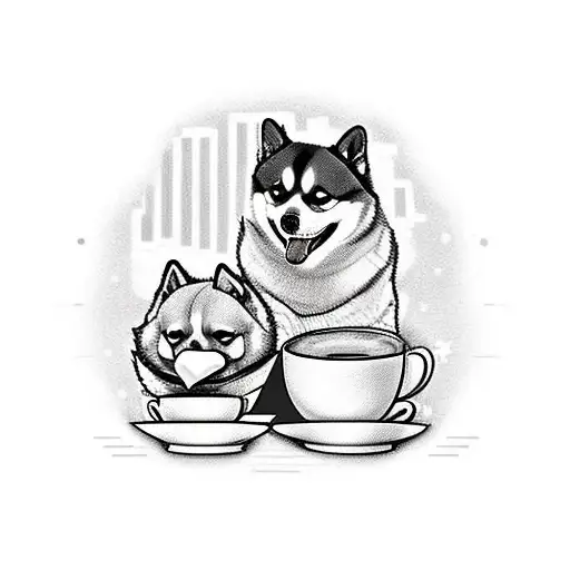 An Anime-inspired Scene Of A Pomeranian And Shiba Inu Enjoying A Cup Of Coffee Together