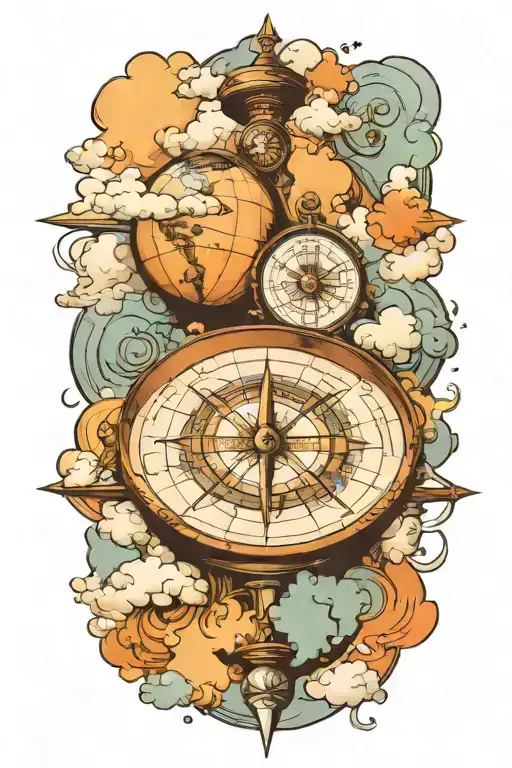 A Compass And A Globe Surround By Clouds Surrounding