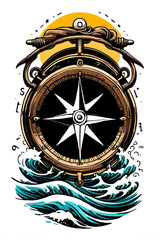 A Nautical Themed Tattoo With A Compass And Waves