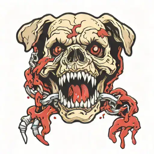 Skull Of A Dog Gnawing A Chain With Its Mouth And Some Blood Stains