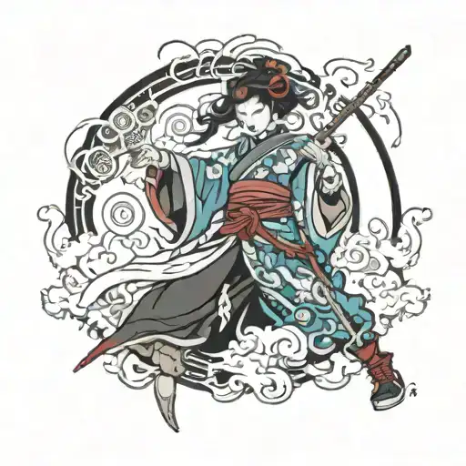 A Mix Of Lu Bu And A Geisha In A Yin Yang Symbol With Snowboarding Elements