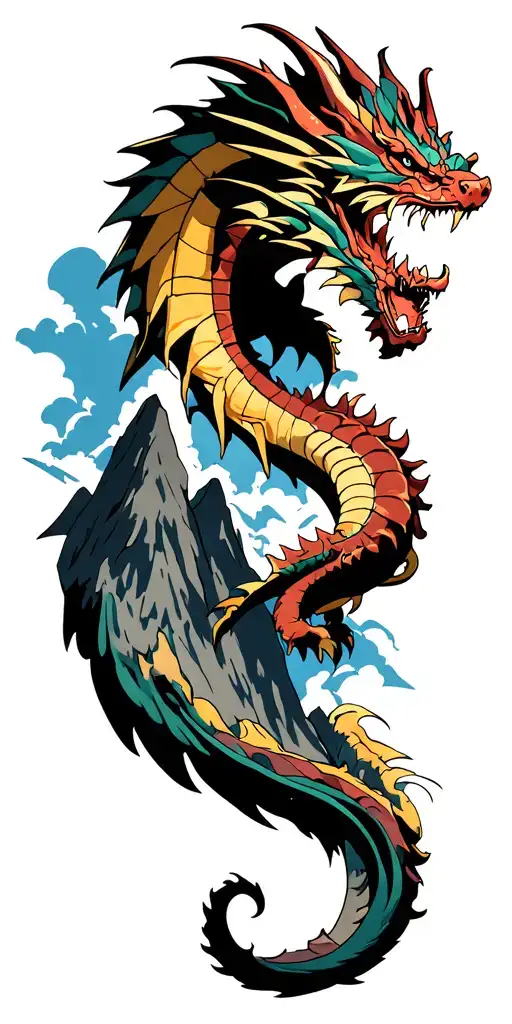 A Mountain Range Tattoo With An Anime-style Dragon Flying Through The Peaks