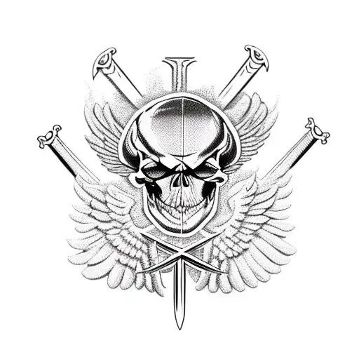 A Skull And Cross Swords Above Big Eagle Wings