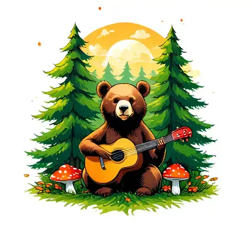 A Female Bear Surrounded By Green Trees And Amanita Mushrooms With Bluegrass Instruments