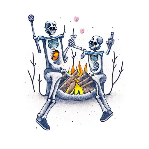 Happy Skeletons Around A Campfire Drinking Beers And Playing Guitar