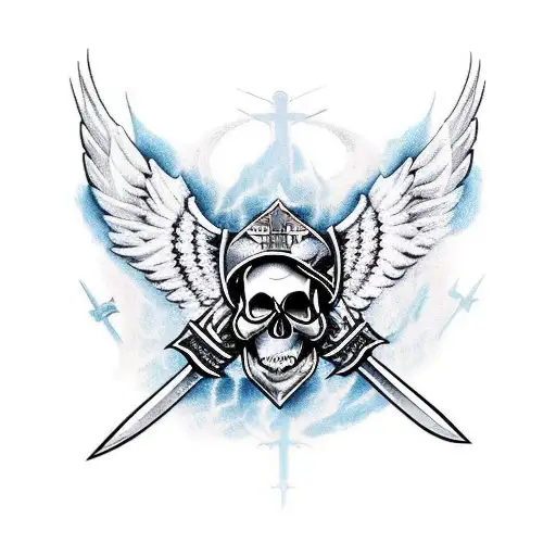 A Skull And Cross Swords Above Big Eagle Wings