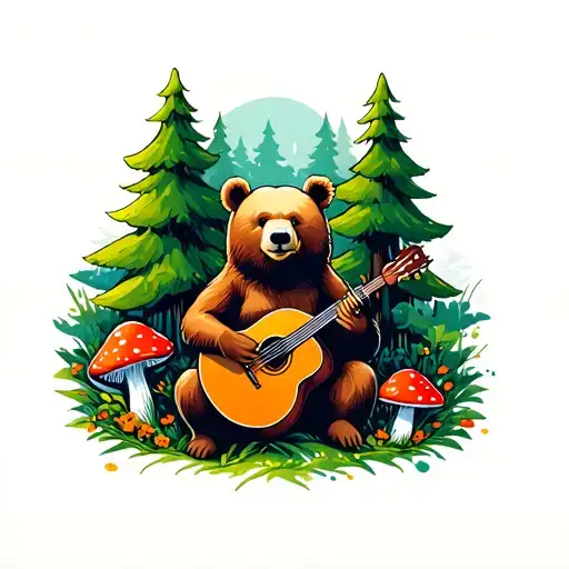 A Female Bear Surrounded By Green Trees And Amanita Mushrooms With Bluegrass Instruments