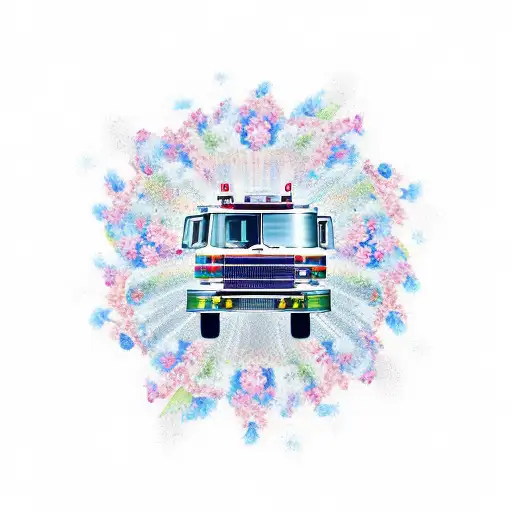 A New-school Design Of A Fire Truck Surrounded By Big Beautiful Flowers