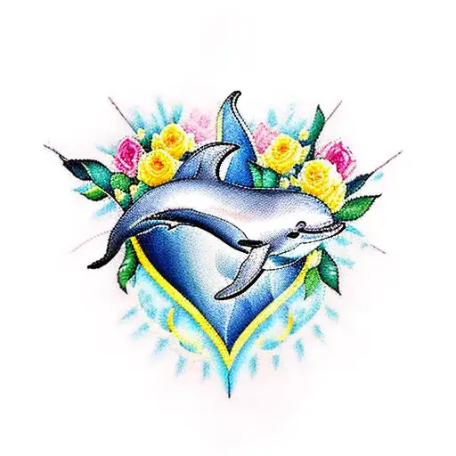 A Traditional Tattoo Design Featuring A Dolphin And Yellow Roses Intertwined In A Heart Shape