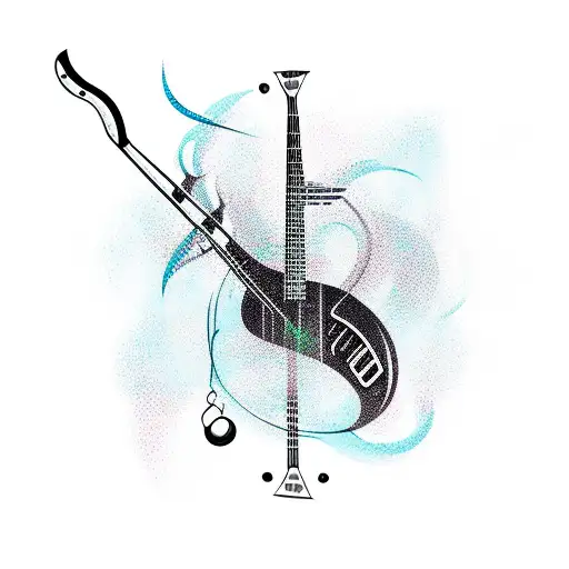 A Bass Guitar Surrounded By Swirling Waves And A Fishing Hook