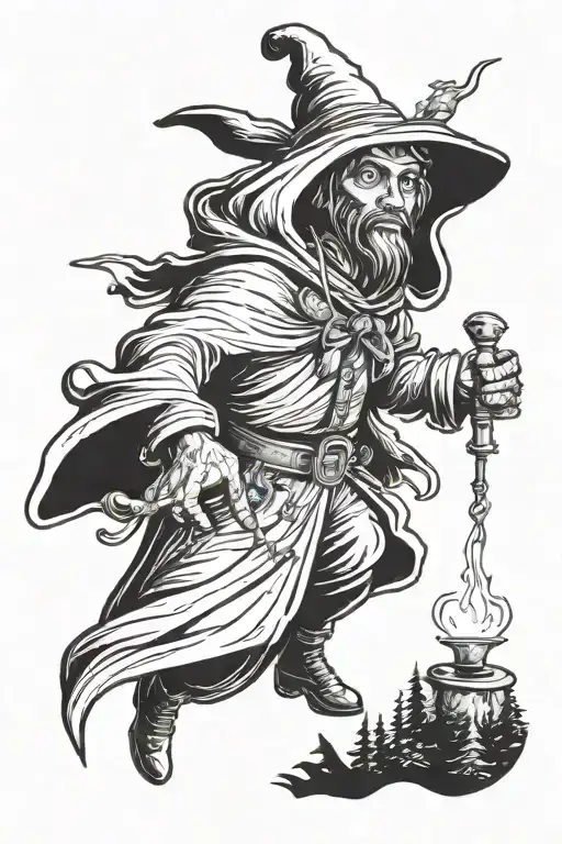 Magician In A Hood Against A Background Of Forest And Sky